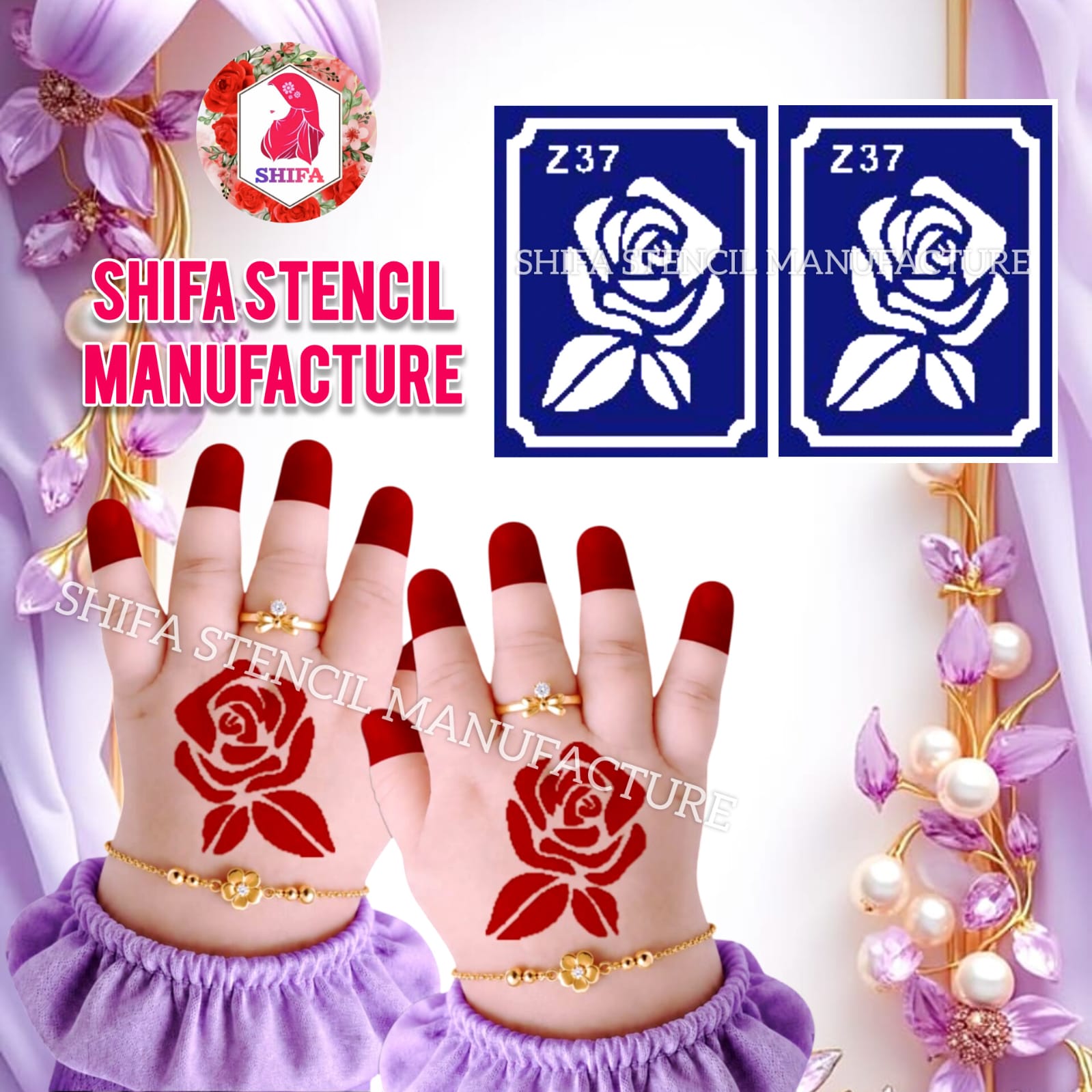 Z 37 Classic Rose Sticker overview Henna Stencil - Shifa Stencil
